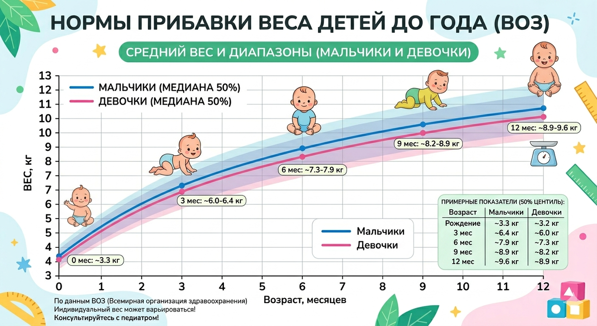 Нормы прибавки веса детей до года согласно ВОЗ
