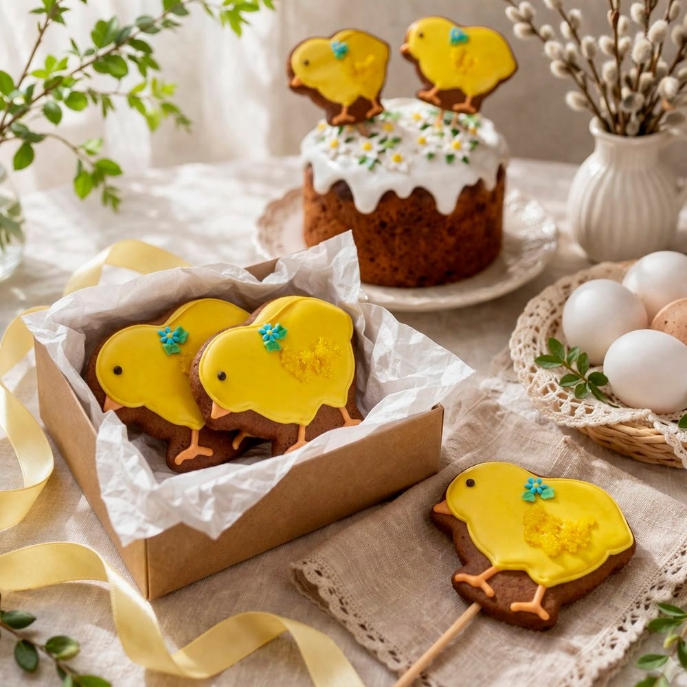 Пасхальный кулич и пряничные топперы Цыплята
