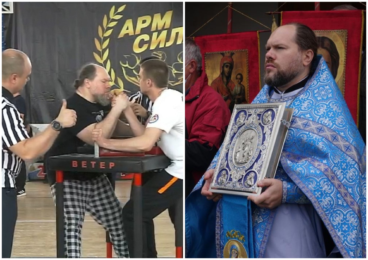 Иерей Анатолий Носок на соревнованиях по армрестлингу (2026) и на Крестном ходе в селе Непряхино (2020). Фото: Челябинская митрополия