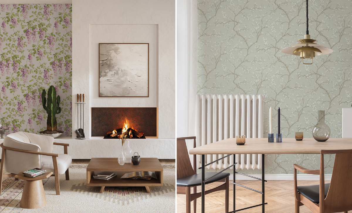 Панно PNR5 001 из коллекции Loymina «Вистерия» и обои ABC2 001/1 из коллекции Milassa «Весеннее утро»