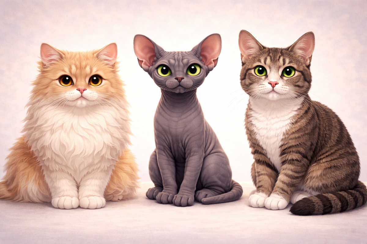 Персидский тип, восточный и европейский. Изображение создано ИИ для канала Kote4com: всё о сфинксах