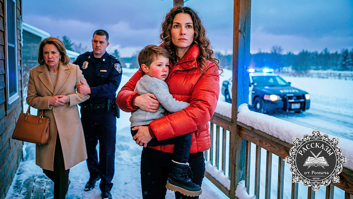 Женщина с карими глазами и темно-русыми волосами, стоит на заснеженном крыльце в ярко-красном пуховике, прижимая к себе маленького мальчика в тонкой кофте. На заднем плане полицейский в форме уводит под локоть женщину в дорогом бежевом пальто.