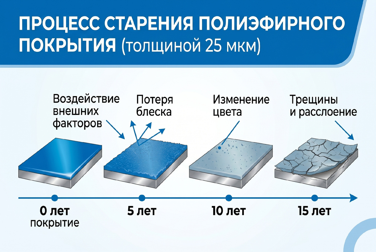 Процесс старения полиэфирного покрытия толщиной 25 мкм