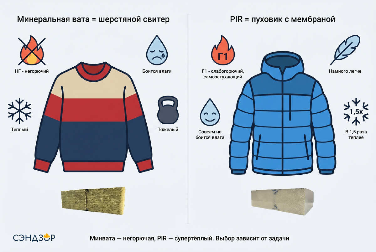 Сравнение "Минеральная вата = шерстяной свитер» / «PIR = пуховик с мембраной"