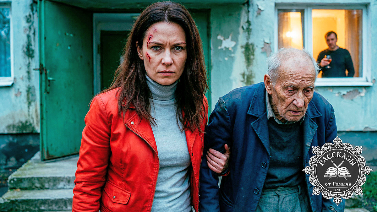 Женщина с каштановыми волосами и темно-серыми глазами, на виске ссадина и след крови, одета в ярко-красную куртку. Она поддерживает под руку очень старого, изможденного мужчину на фоне подъезда многоэтажки. На заднем плане в окне первого этажа виден силуэт мужчины с бокалом, подсвеченный теплым светом.