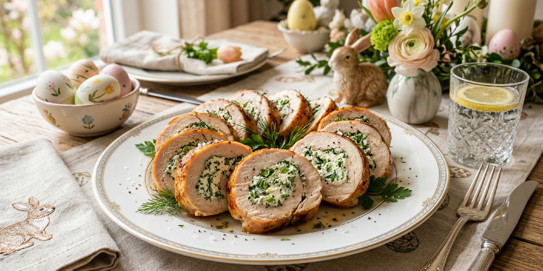Рулет из куриной грудки с весенней зеленью и творожным сыром: нарезаю на кружочки для пасхального стола