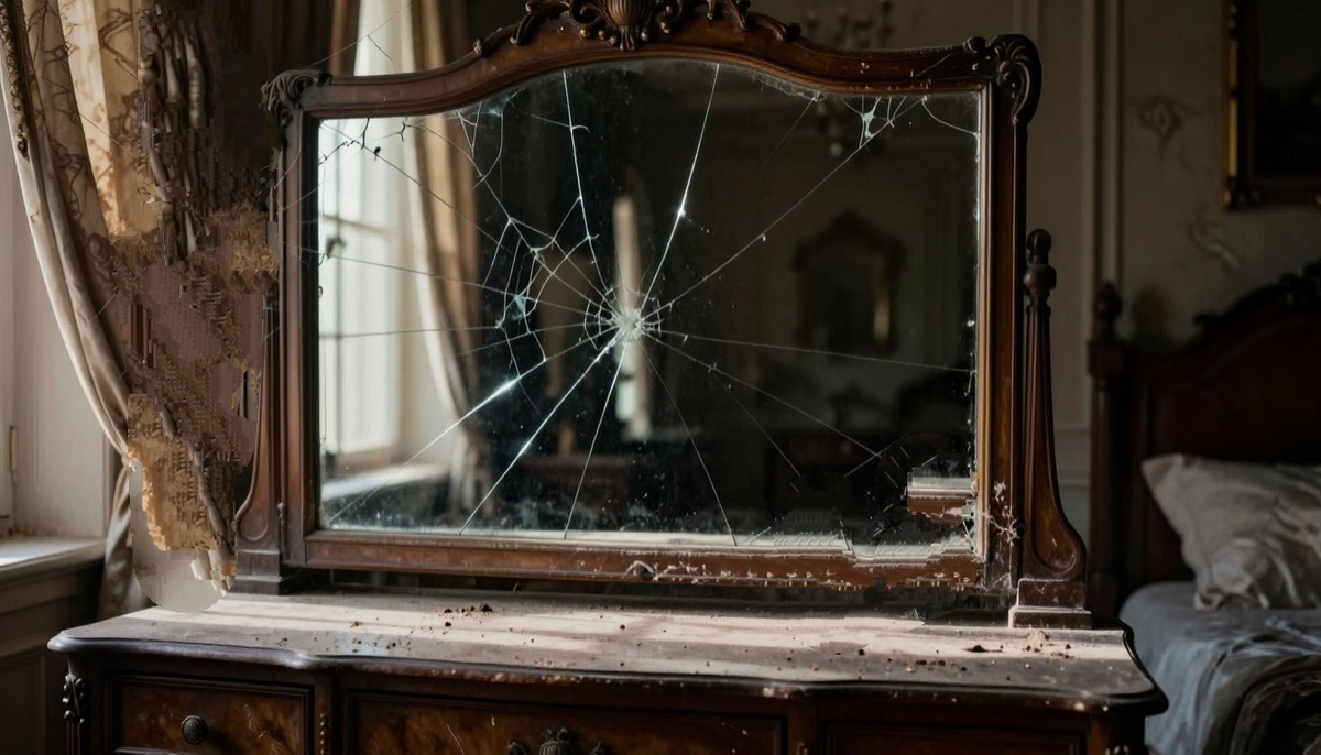 Фото ии. Зеркало треснуло .Казалось, кто-то нарочно ударил его по центру, отчего по всей поверхности разлетелись мелкие трещины, похожие на паутину.