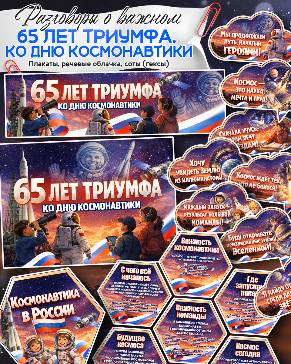Плакат, речевые облачка и соты к «Разговоры о важном». Тема: «65 лет триумфа. Ко Дню космонавтики»