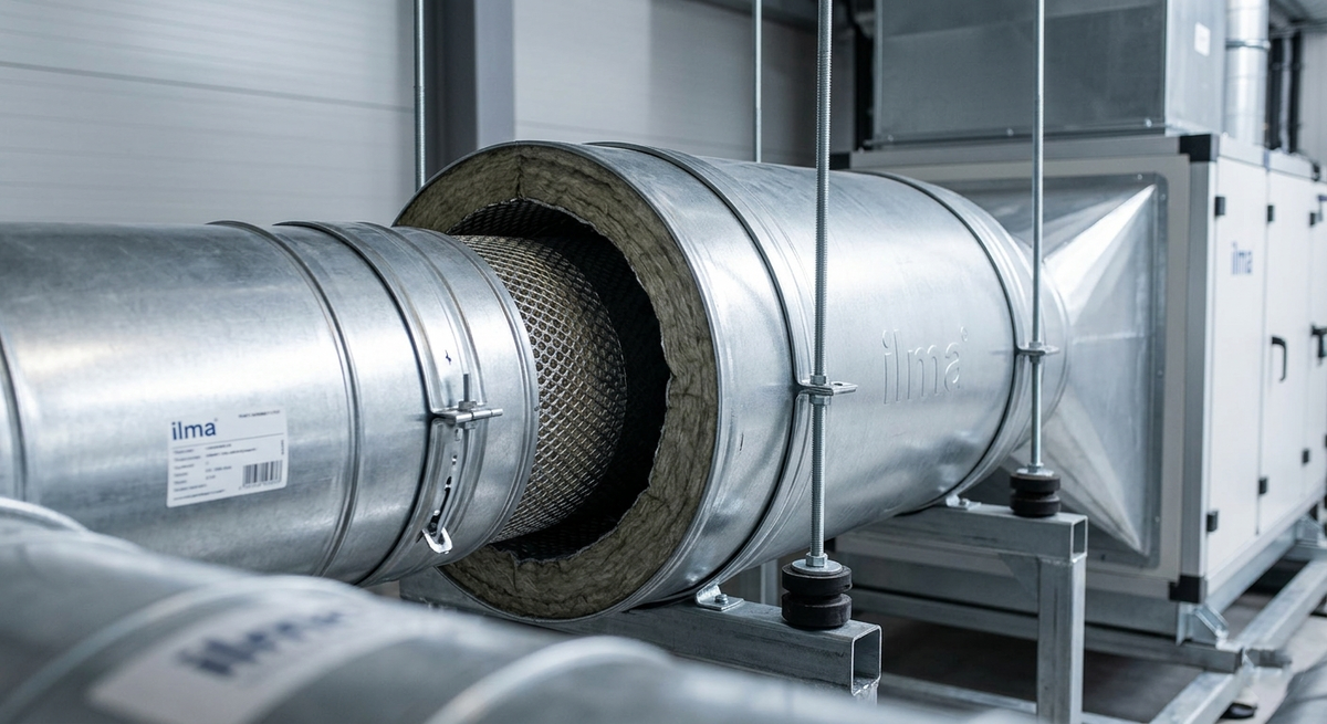 Профессиональная установка жесткого оцинкованного шумоглушителя в разрез металлического воздуховода. Видна качественная изоляция и виброизолирующие крепления.