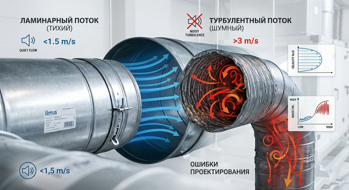  Сравнение ламинарного и турбулентного воздушного потока. Слева: прямой, плавный поток (тихо <1,5 м/с, 20 дБ, ilma). Справа: узкий, с резким изгибом и растянутой гофрой (шумно >3 м/с, >40 дБ).
