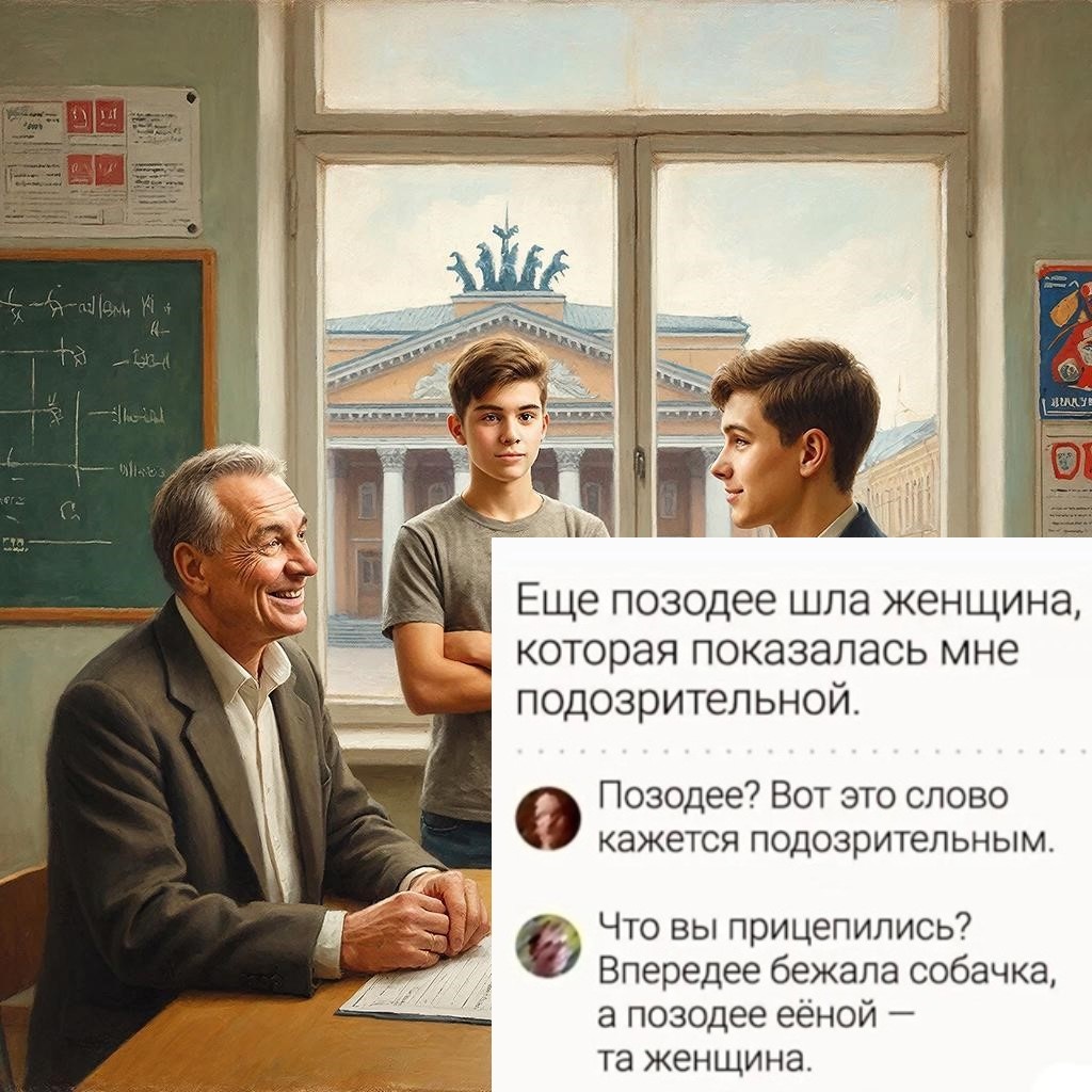 Картинка из личных архивов, сгенерированная искусственным интеллектом и доработанная в графическом редакторе. В неё встроена шутка в виде анекдота для большего поднятия настроения. Также она служит разделителем между рассказами.