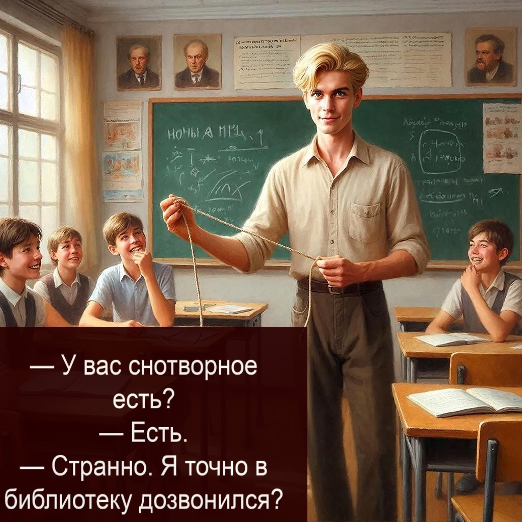 Картинка из личных архивов, сгенерированная искусственным интеллектом и доработанная в графическом редакторе. В неё встроена шутка в виде анекдота для большего поднятия настроения. Также она служит разделителем между рассказами.