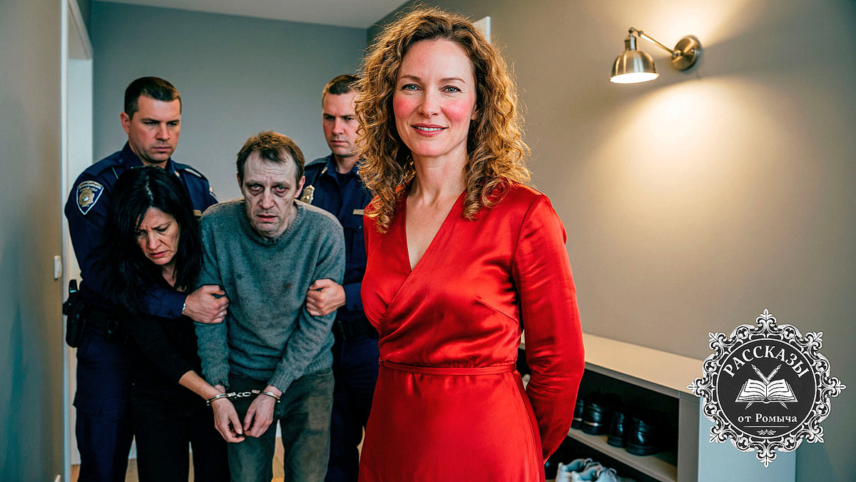 Женщина в ярко-красном шелковом платье, стоит в прихожей с гордо поднятой головой. За её спиной оперативники уводят мужчину и женщину в наручниках. Фокус на лице героини и её торжествующей, холодной улыбке. Мужчина в тусклом сером свитере выглядит раздавленным.