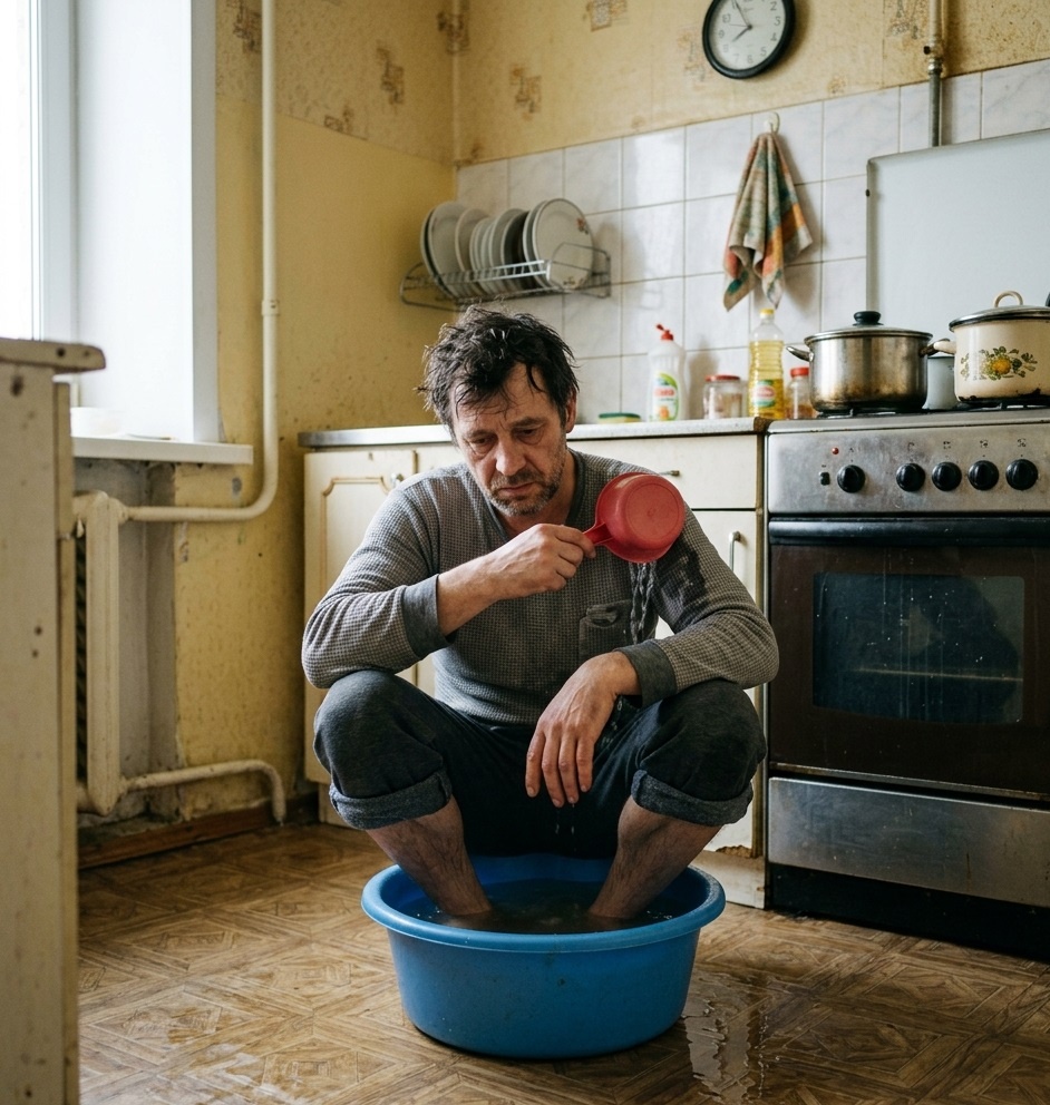 Грустный мужчина моется в тазу на кухне — результат плохого совета по ремонту