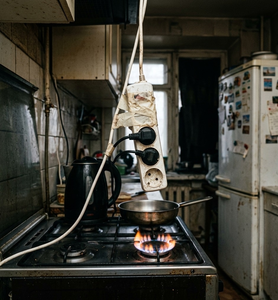 Опасный удлинитель над плитой — розетки сделали за холодильником по совету мастера