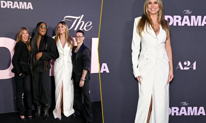    Источник: Evan Agostini/Invision/AP | Хайди Клум позирует в светлом структурированном платье-пиджаке на премьере фильма «Драма» в Нью-Йорке, апрель 2026 года