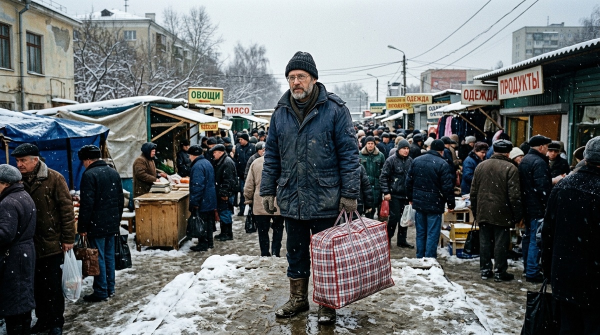 Интеллигент с баулом на зимнем рынке