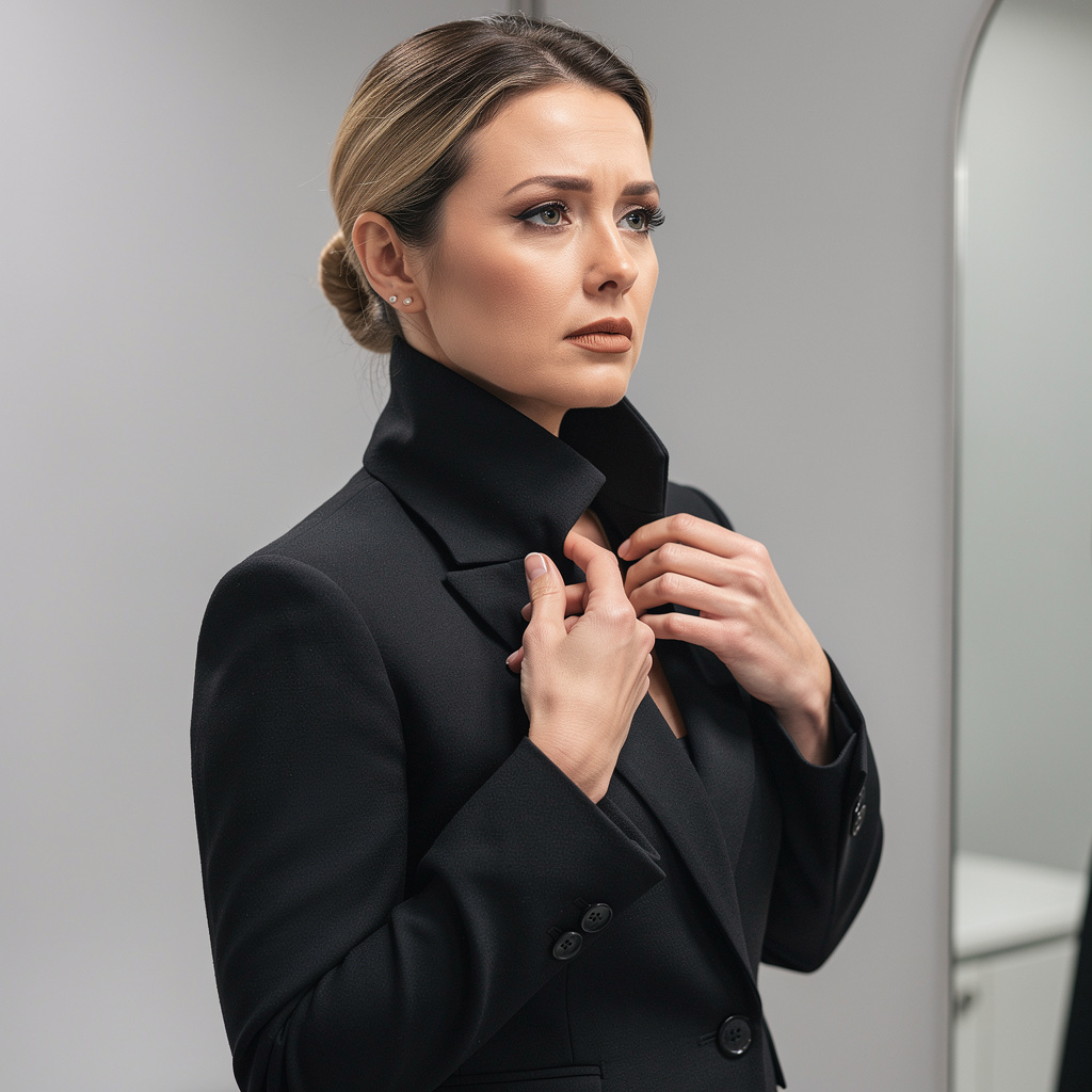 Женщина в жакете с высоким началом лацкана и застегнутой верхней пуговицей: ворот близко к подбородку укорачивает шею