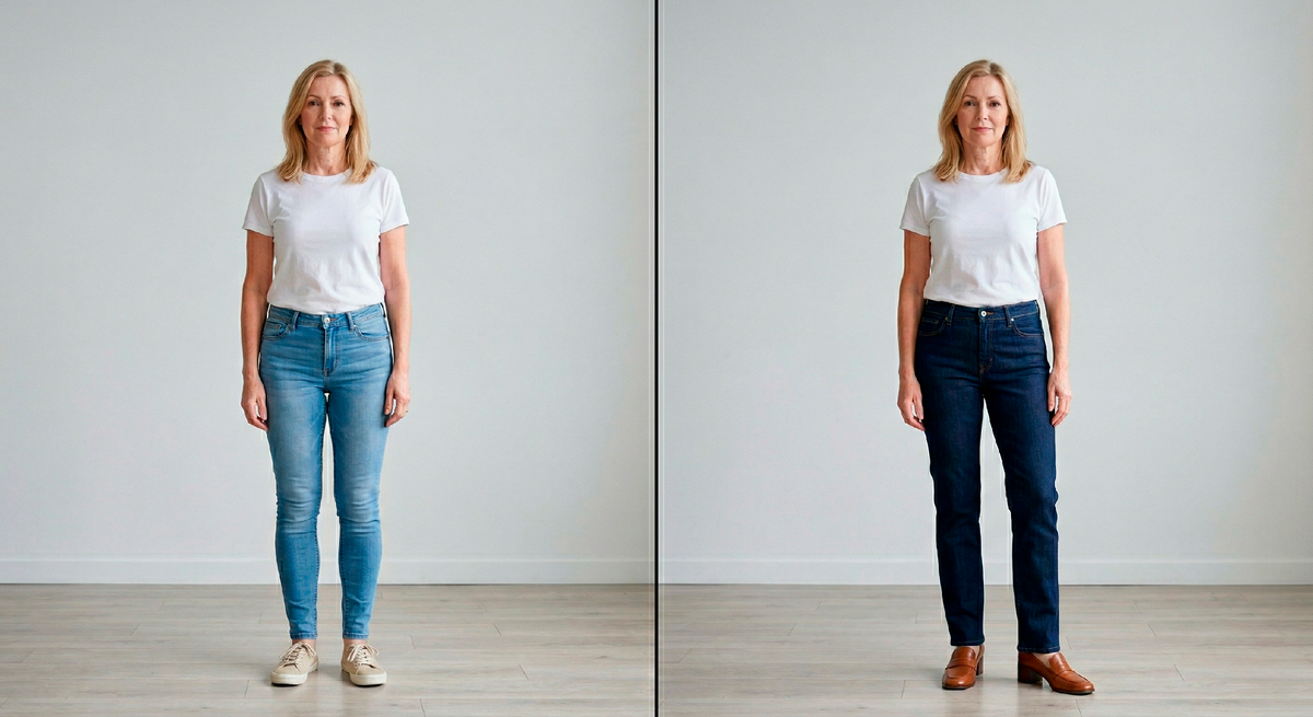 Скинни на женщине 50+ и прямые джинсы на ней же. Разница видна сразу.