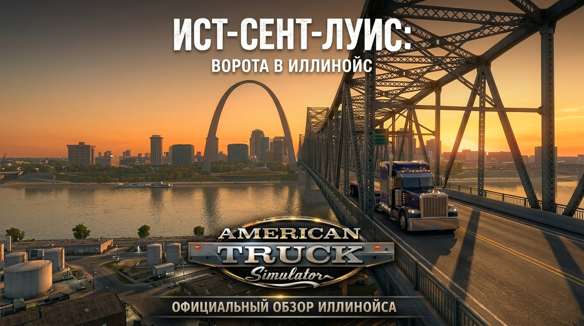 Стилизованный концепт-арт в стиле American Truck Simulator (SCS Software) для визуализации Ист-Сент-Луиса. Автор: VTC Grand (AI).