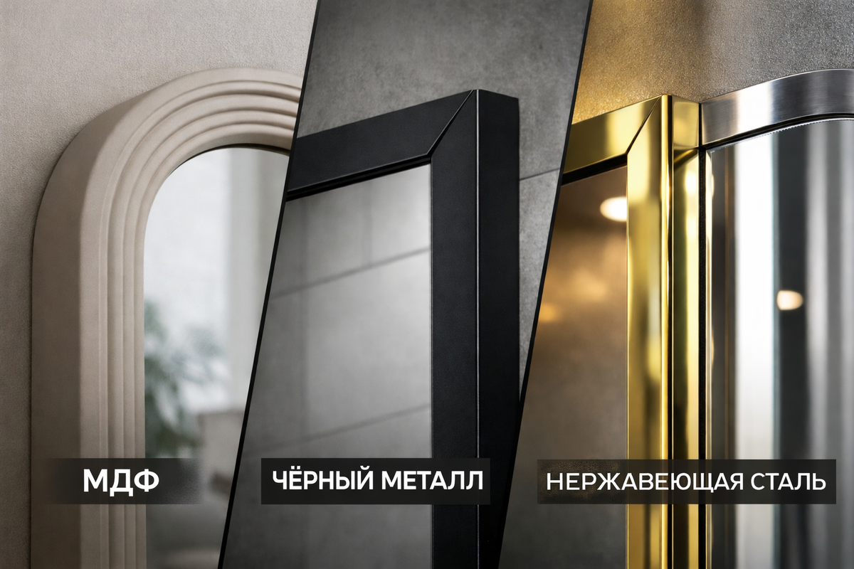 Рамы для зеркал из МДФ, чёрного металла и нержавеющей стали. 