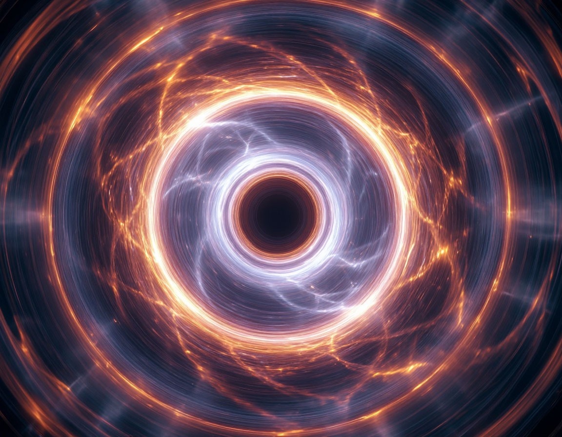 Художественная интерпретация движения частиц плазмы внутри термоядерной установки в форме тора, известной как токамак.