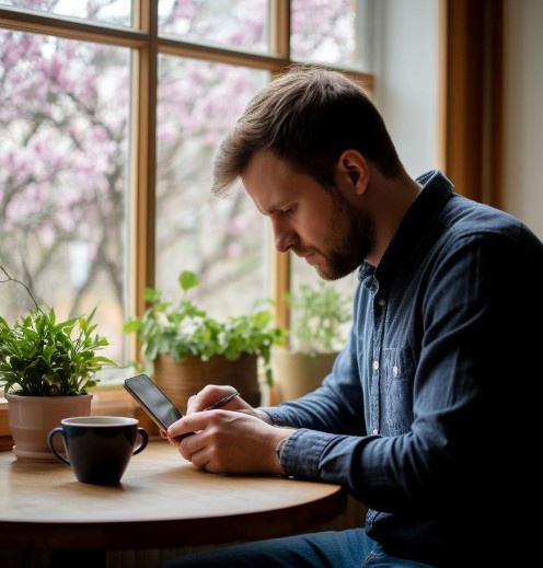 Создано нейросетью. Момент жизни любого человека: каждый так сидит в интернете и что-то пишет. Это может быть везде: дома, в транспорте, на природе и работе... 