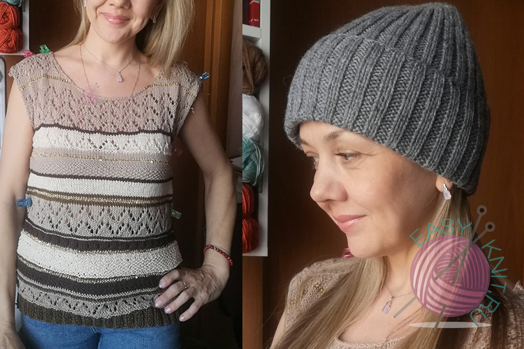 Вяжу в апреле: джемпер в полоску и кардиган из бабушкиных квадратов. Примерка на себе