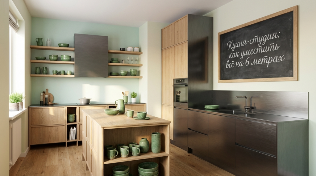    Дизайн-проект кухни-студии, сочетающий компактную рабочую зону и обеденную группу. MDKUHNY