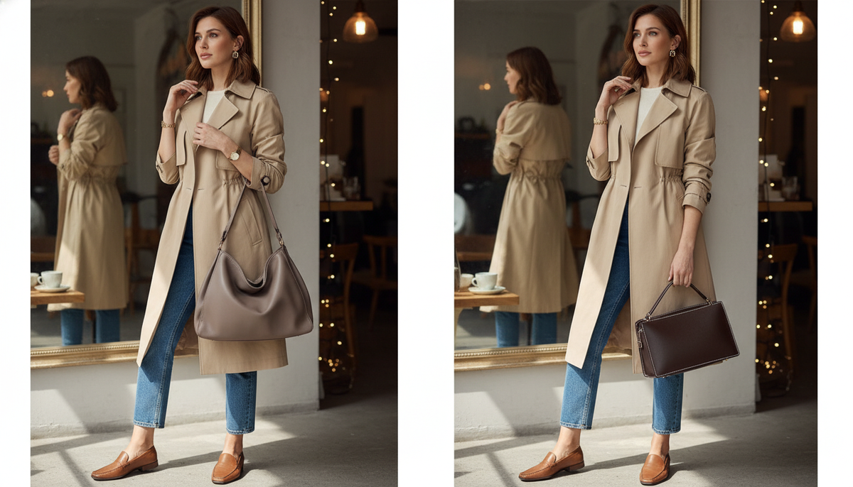 Сравнение: женщина с мягкой сумкой выглядит собранно, а с жёсткой прямоугольной — дешевле