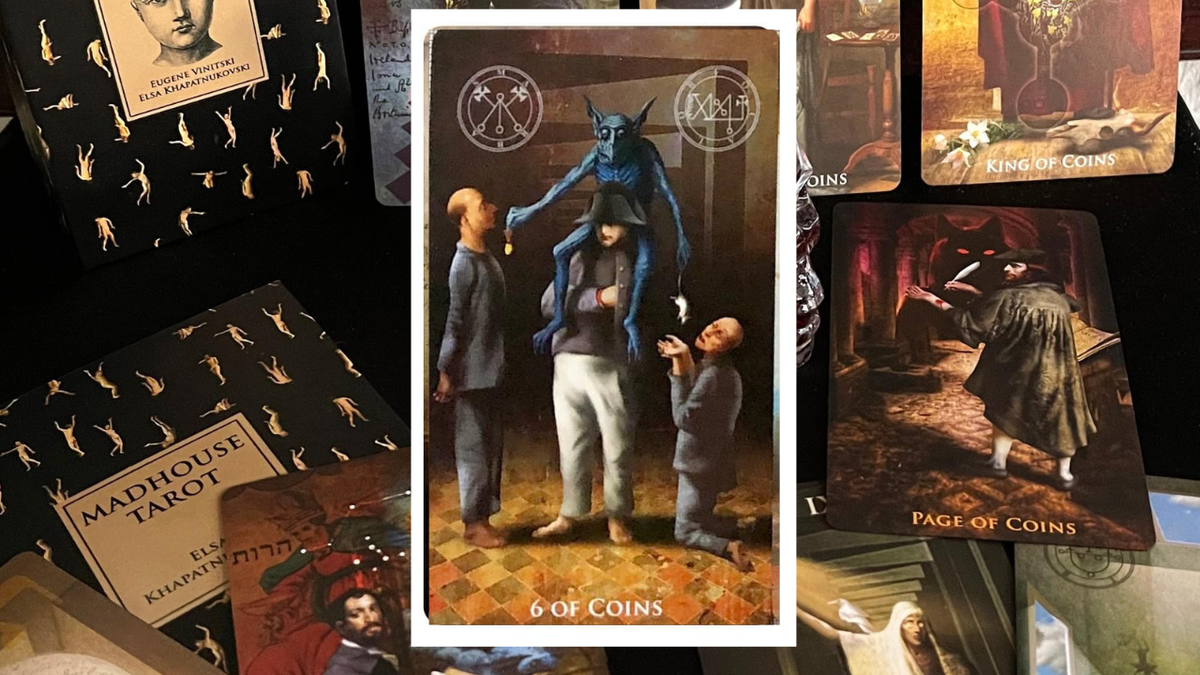 Шестёрка Пентаклей. Фото Photo «Madhouse Tarot» by Eugene Vinitski, Elsa Khapatnukovski