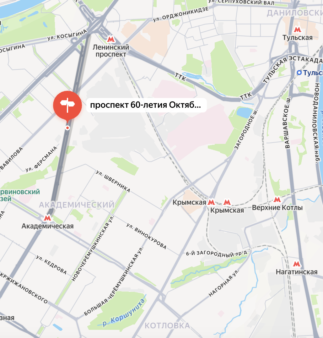 Проспект 60-летия Октября на современной карте Москвы. Яндекс.Карты.