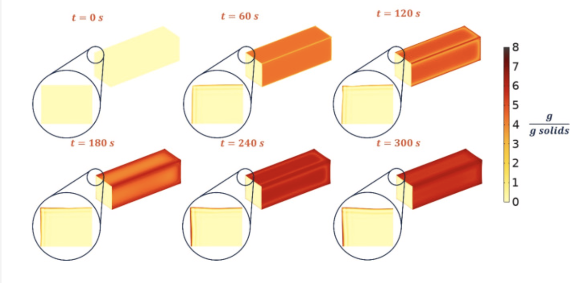    Пространственное распределение содержания масла и увеличенный фрагмент вблизи поверхности картофеля фри во время микроволновой жарки.