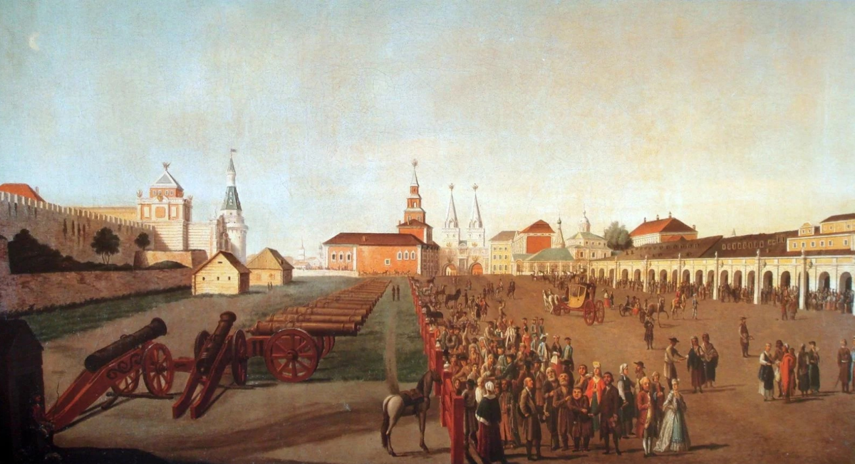 Здание Московского университета (в центре) у Воскресенских ворот на Красной площади. 1780-е годы.