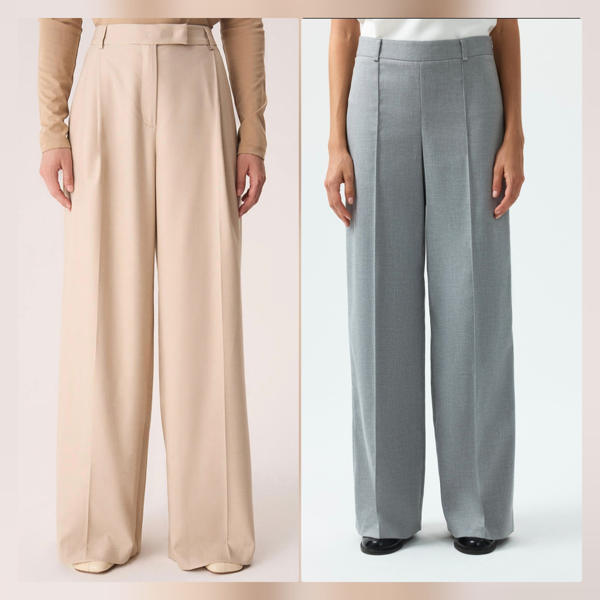 Бежевые брюки All we need, арт Ламода MP002XW0N68P, 9900 руб. Полиэстер+вискоза. Серые брюки Calista, арт Ламода MP002XW0NFMG, 7990 руб. Полиэстер+вискоза