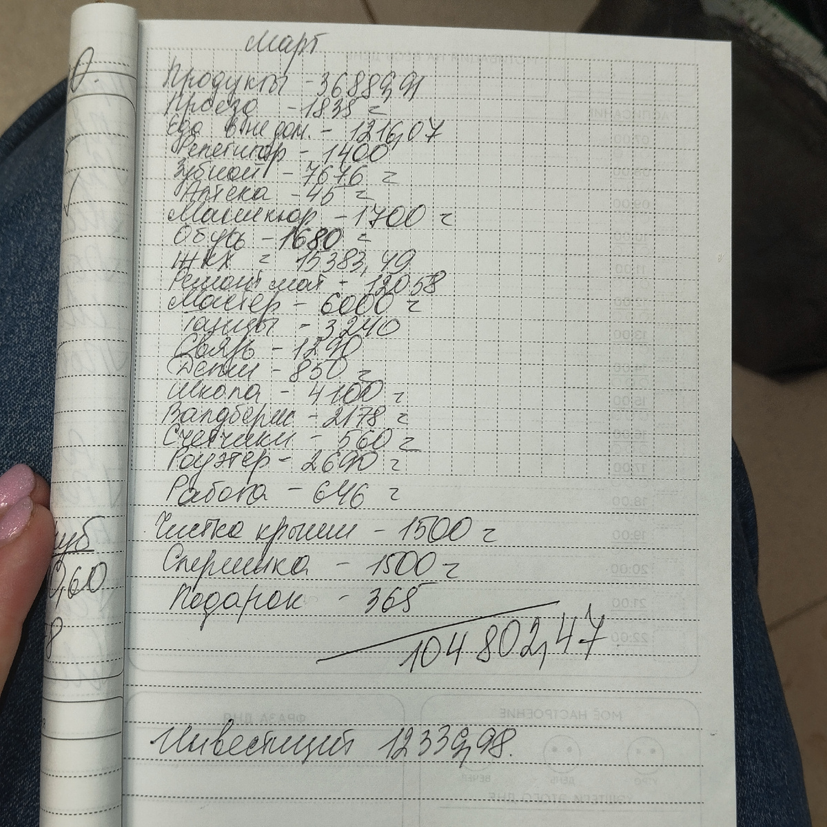 Посчитала расходы за марта.Как всегда на продукты вышло больше всего денег, даже больше чем в том месяце.На перекусы очень много вышло,но это в основном трачу погода сижу в палатке.Много трат не запланированных,разовых .Поверка счётчика,на связь.Переход на другого оператора тоже вышел затратно,подключала отдельно Интернет для wi-fi и отдельно покупала сим карту.И ещё пришлось заказывать чистку крыши на балконе,у нас 5 этаж и должны сами чистить балкон,чистка вышла 1500 руб .И на инвестиции истратила 12000,но какая-то часть была выплачена купонами,а так около 10000 я и планирую откладывать на эту категорию.Продукты 36889,91Проезд 1835Еда вне дома-1216,07Репетитор -1400 руб Зубной -7676 руб Аптека 45 руб Маникюр -1700 руб Обувь -1680 руб ЖКХ-15383 руб Ремонт матерьял-12058 руб Мастер 6000 руб Дети наличные -850 руб Школа 4100 руб Танцы -3240 руб Связь-1290 руб Валдбериз -2178 руб Счётчики-560 руб Роутер -2690 руб Рабн(швабра)-646 руб Чистка крыши балкона 1500Стрижка -1500 руб Подарок 365 руб ----------------------------------------------------------------------------ИТОГО 104 802,47Инвестиции (акции, облигации) -12339,98 руб Делитесь сколько Вы потратили за месяц?Канал в Максе max.ru/...1egтелеграм  https://t.me/ludafedorovКАНАЛ НА ЯНДЕКС ДЗЕН https://dzen.ru/id/60c5e3a2a5d9633ebb2c8197 канал на Ютюб https://youtube.com/@liludmilafedorova?si=1nDvIy3ZDEpqJYQdВКонтакте https://m.vk.com/club167932539 сотрудничество zaneginal86@mail.ru