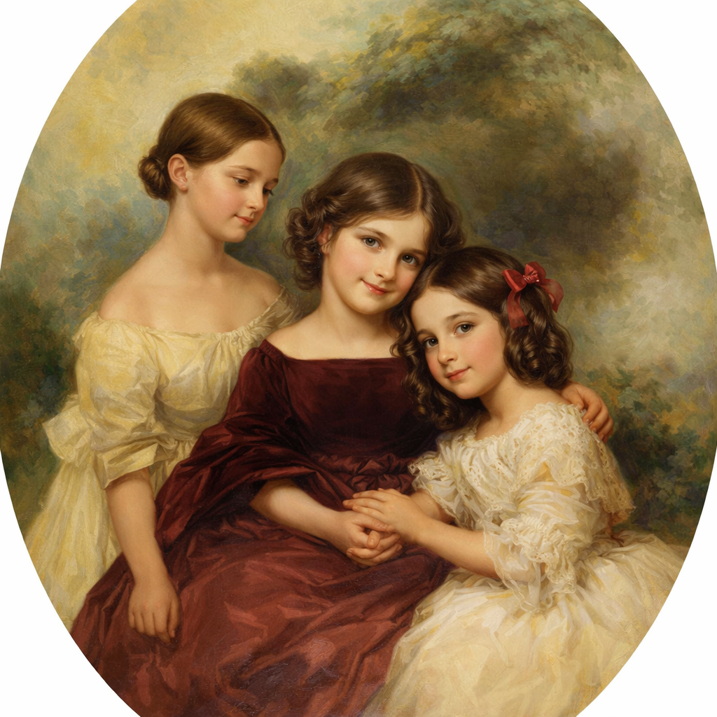 Анна, Дарья, Екатерина Тютчевы.в Мюнхене 1843 год. На основе рисунка художника Саломе