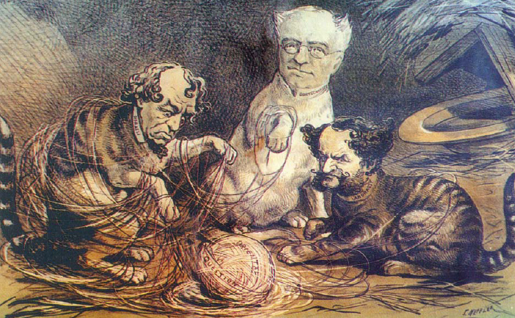 Карикатура.Дизраэли(Великобритания), Горчаков (Россия) и Андраши (Австро-Венгрия) решают восточный вопрос
