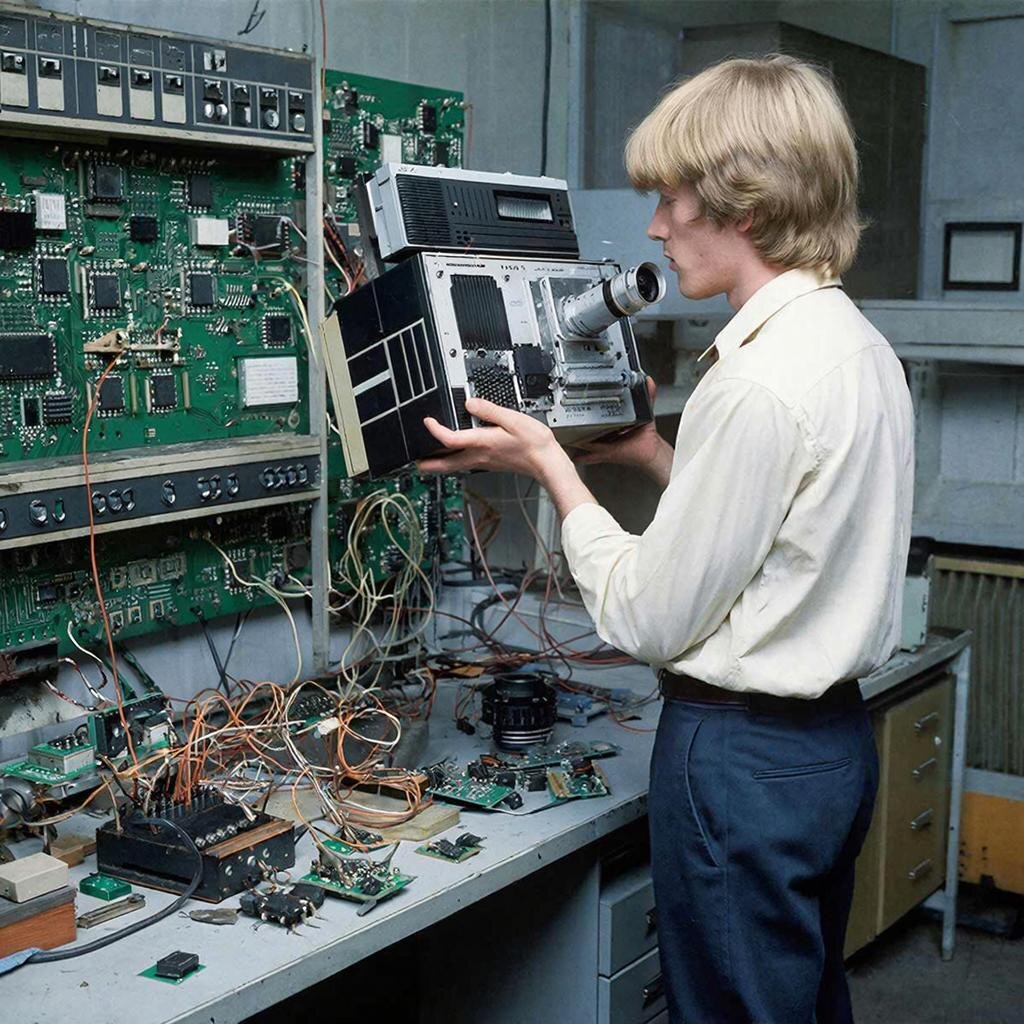 Реконструкция: инженер Стив Сассон с прототипом в лаборатории Kodak. Камера была собрана из деталей кинокамеры Super 8 и кассетного рекордера.