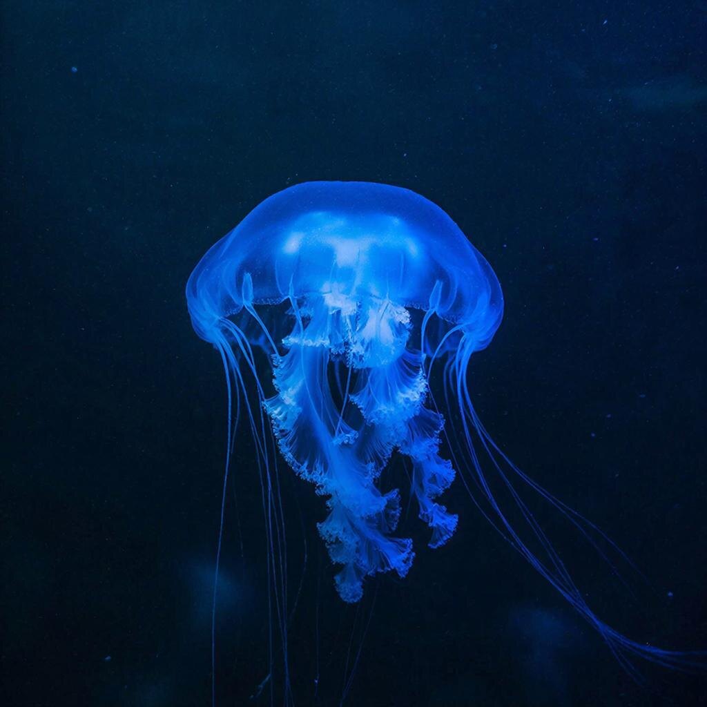 Светящаяся медуза в глубине океана. Химическая реакция люциферина с кислородом создаёт холодное свечение. Медузы используют свет для защиты — вспышка отпугивает хищников.