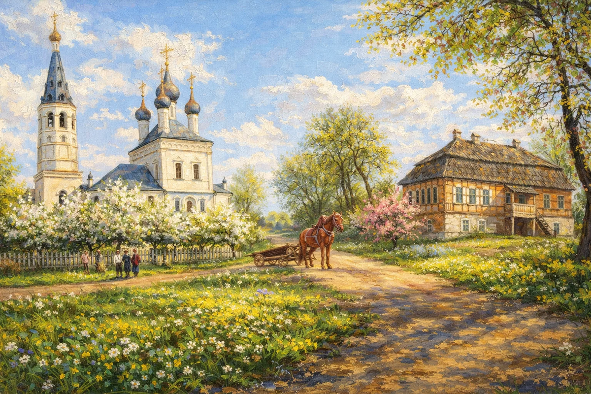 Воскресенская церковь и дом Сериковых. Картинка сгенерирована искусственным интеллектом.