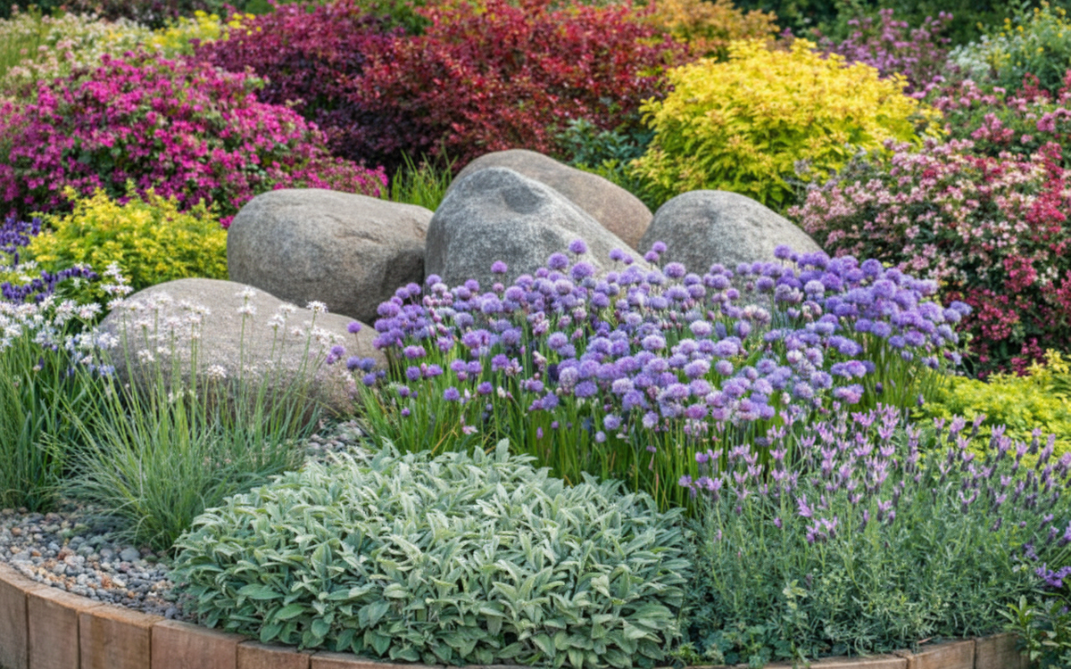 Материалы и декор: листва шалфея идеально гармонирует с чистой гравийной мульчей и серыми большими валунами. Гравий подчеркивает  текстуру растения и обеспечивает необходимый ему дренаж, а валуны  добавляют композиции теплоты и естественности.