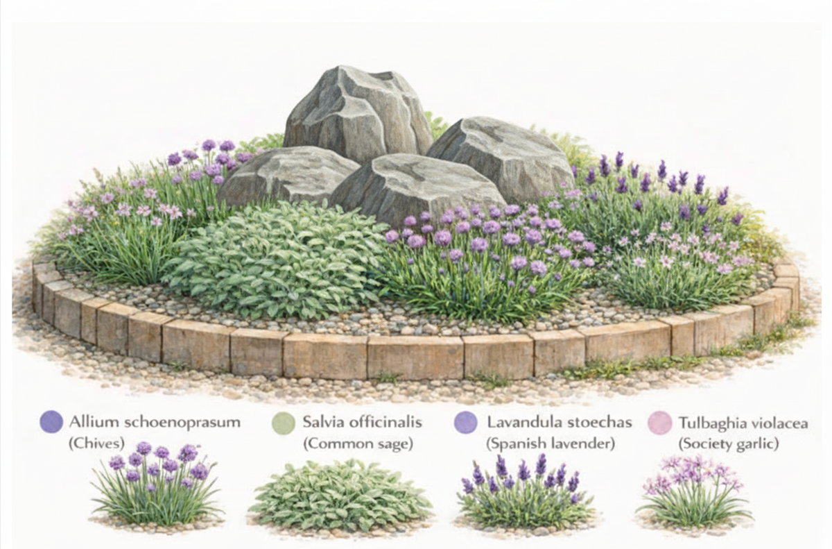 Гравий подчеркивает  текстуру растения и обеспечивает необходимый ему дренаж, а валуны  добавляют композиции теплоты и естественности.