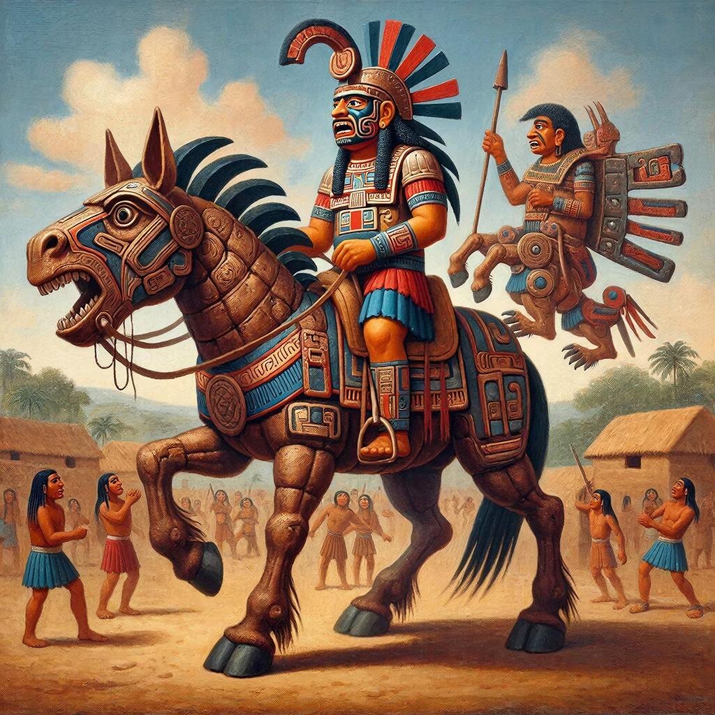 Реконструкция: Первая встреча ацтеков с всадником. Изображение создано нейросетью.