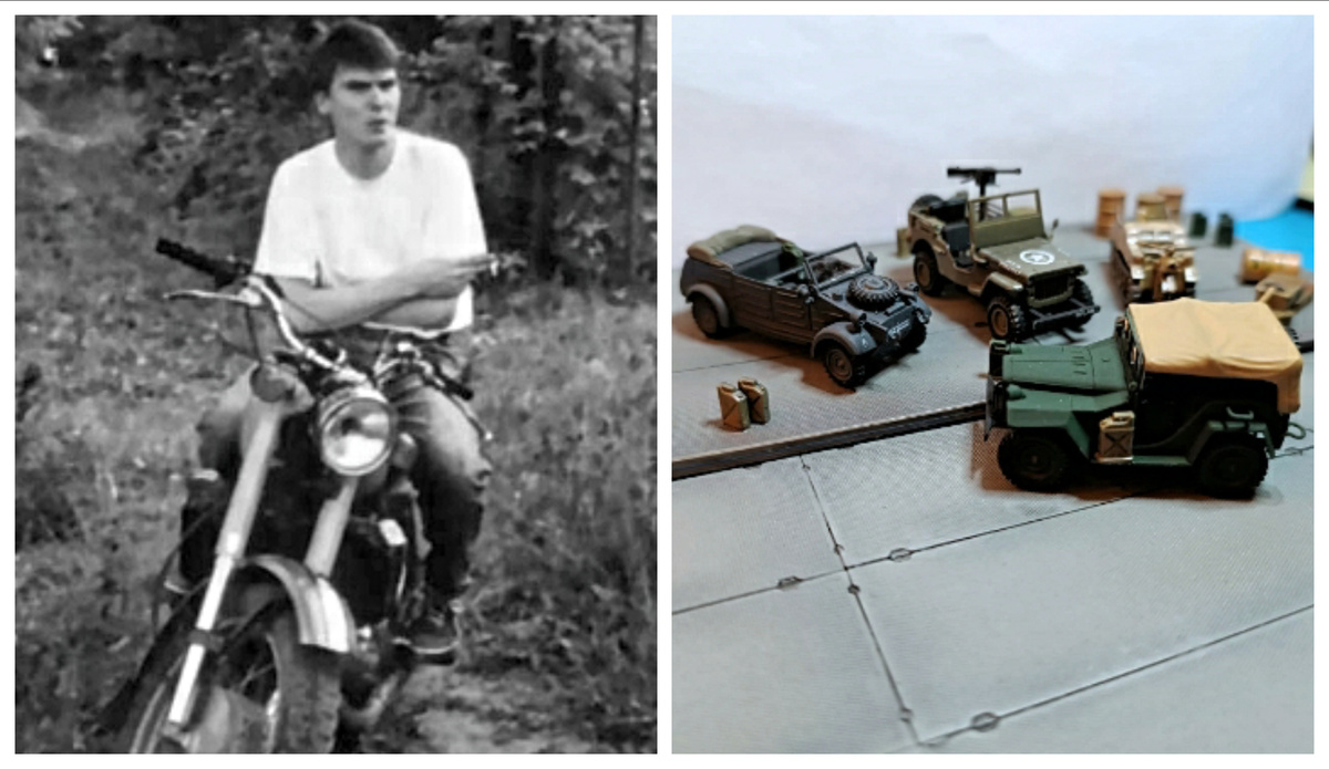 Мой соавтор Михаил (на левом фото) с юности был дружен с мотоциклом, увлекался масштабными моделями (это хобби осталось) и автоисторией. А ещё имеет опыт реставрации ретроавтомобилей. Фото из его личного архива.