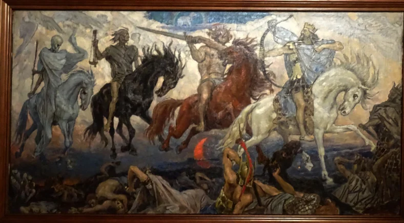 Известная картина Василия Васнецова “Войны апокалипсиса”, 1887 г. Картина находиться в Третьяковской галерее. Кстати это был эскиз росписи Владимирского собора в Киеве. В Киеве сегодня православные христиане подвергаются гонениям…