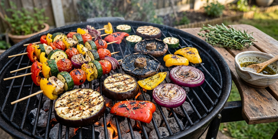 Овощи для шашлыка на мангале мариную отдельно от мяса в оливковом масле с травами — не подгорают