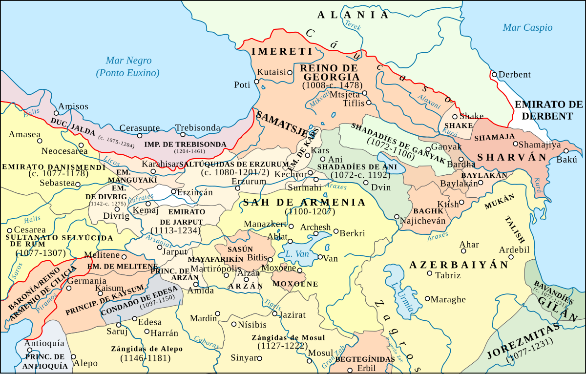 Кавказ в XI веке (Дербентский эмират - розовый).