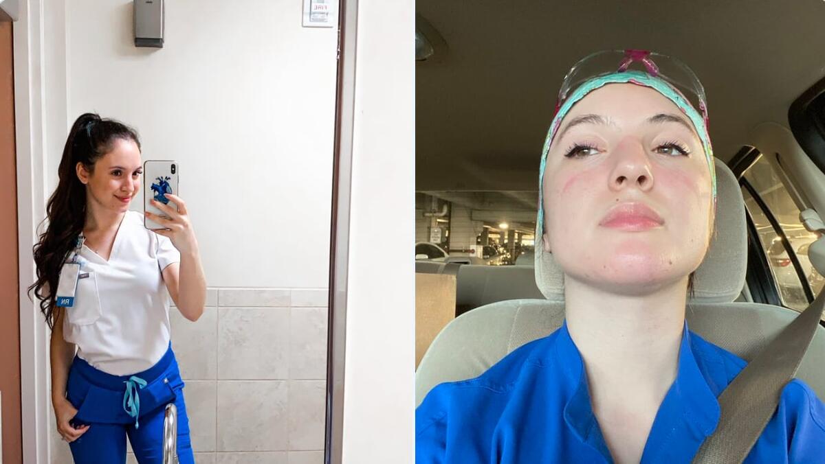 Медсестра Сарита Уоррен перед дежурством и после 12-часового дежурства на пути домой