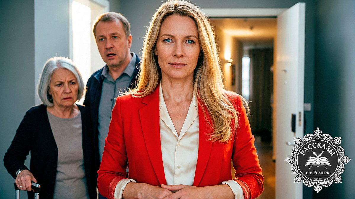 Женщина, светлый блонд, голубые глаза, одета в элегантный ярко-красный жакет. Она стоит на переднем плане с уверенным, спокойным выражением лица. На заднем плане, в мягком расфокусе, видна сцена семейного спора: растерянный мужчина и пожилая женщина у чемоданов.